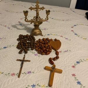Gold Ornate Cross Candle Holder with Baroque Design and two wooden rosary